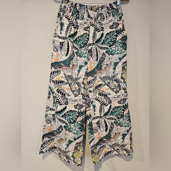 Tahari Size Large Linen Viscose Pull On Pant Wide Leg Tropical Leaf Resortwear - Picture 1 of 10
